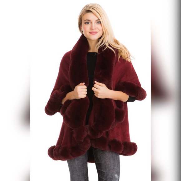 Luxury Burgundy Faux Fur Double Layer Cape Coat - Picture 4 of 13